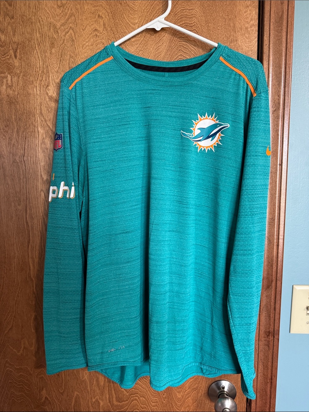 Nike Men's Teal Miami Dolphins Long-Sleeve Performance Shirt with Orange Accents